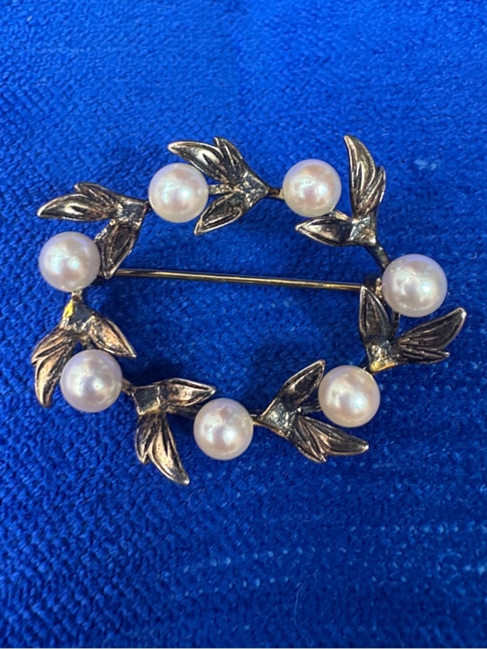 Vintage Sterling Silver Pearl Wreath Brooch Gold Wash Leaf Pin